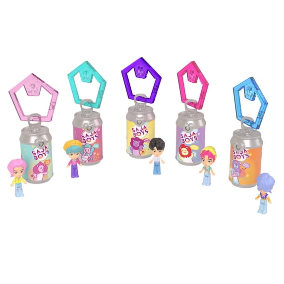 Polly Pocket x KPop Demon Hunters, Saja Boys 5-Pack Dolls & Soda Charm, Micro Keychain Figures