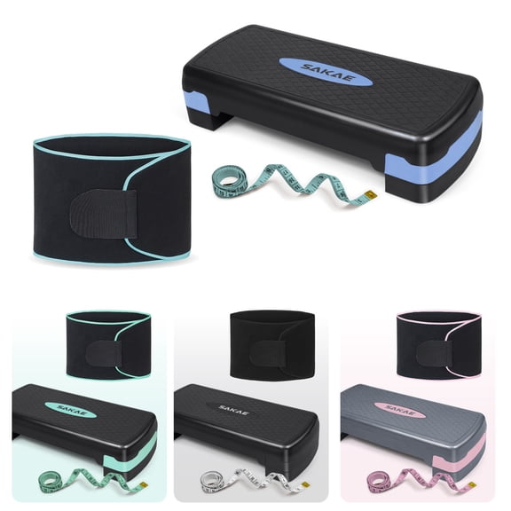SAKAE Aerobic Step Platform Set with Waist Trimmer & Measuring Tape, Exercise Steppers for Home Gym Exercise Fitness, Adjustable Height 2 Level Risers Workout Step Platform Trainer, Blue