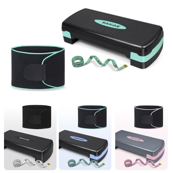 SAKAE Aerobic Step Platform Set with Waist Trimmer & Measuring Tape, Exercise Steppers for Home Gym Exercise Fitness, Adjustable Height 2 Level Risers Workout Step Platform Trainer, Green