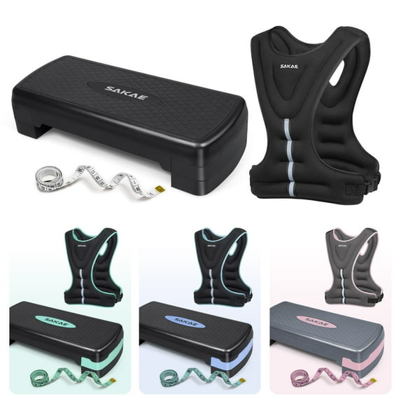 SAKAE Aerobics Step Platform Set with Weighted Vest & Measuring Tape, Adjustable Height 2 Level Risers Workout Step Trainer with Non-Slip Surface, Step Platform for Home Exercise, Black