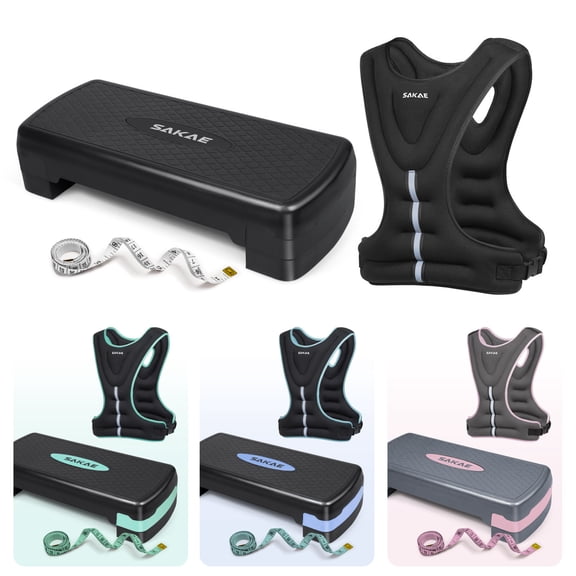 SAKAE Aerobics Step Platform Set with Weighted Vest & Measuring Tape, Adjustable Height 2 Level Risers Workout Step Trainer with Non-Slip Surface, Step Platform for Home Exercise, Black