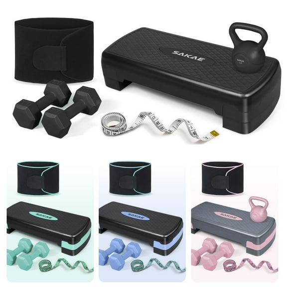SAKAE Black Adjustable Aerobic Stepper Kit with Dumbbells & Kettlebell & Weightlifting Belt & Measuring Tape, 2 Level Risers Exercise Step Platform for Home Gym Exercise Fitness Workout, black