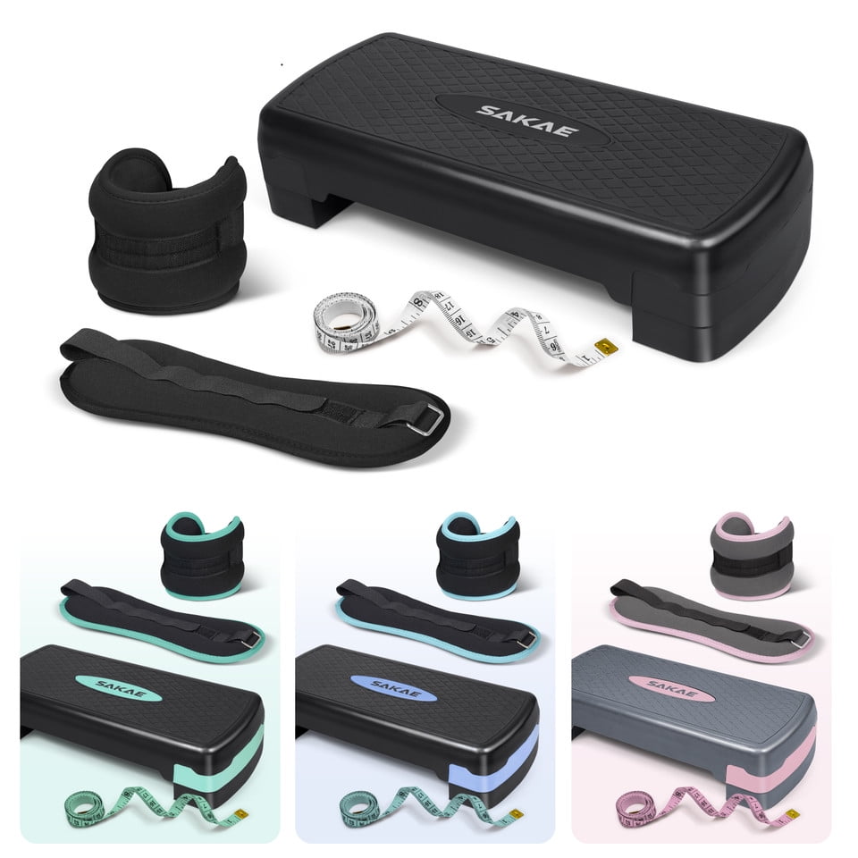 SAKAE Black Exercise Step Platform Set with Ankle Weights & Measuring Tape, Adjustable Height 2 Level Risers Workout Step Trainer, Aerobic Steppers for Home Gym Exercise Fitness Workout