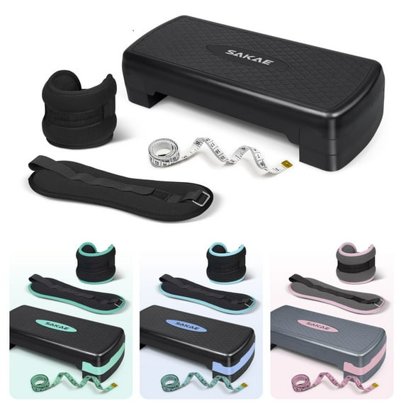 SAKAE Black Exercise Step Platform Set with Ankle Weights & Measuring Tape, Adjustable Height 2 Level Risers Workout Step Trainer, Aerobic Steppers for Home Gym Exercise Fitness Workout