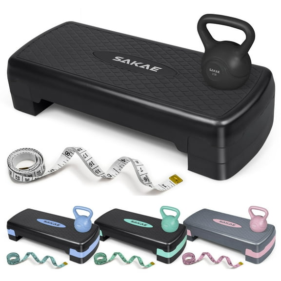SAKAE Black Step Aerobics Platform Set with Kettlebell & Measuring Tape, Aerobic Steppers for Exercise at Home, Adjustable Height 2 Level Risers Workout Step Trainer with Non-Slip Surface