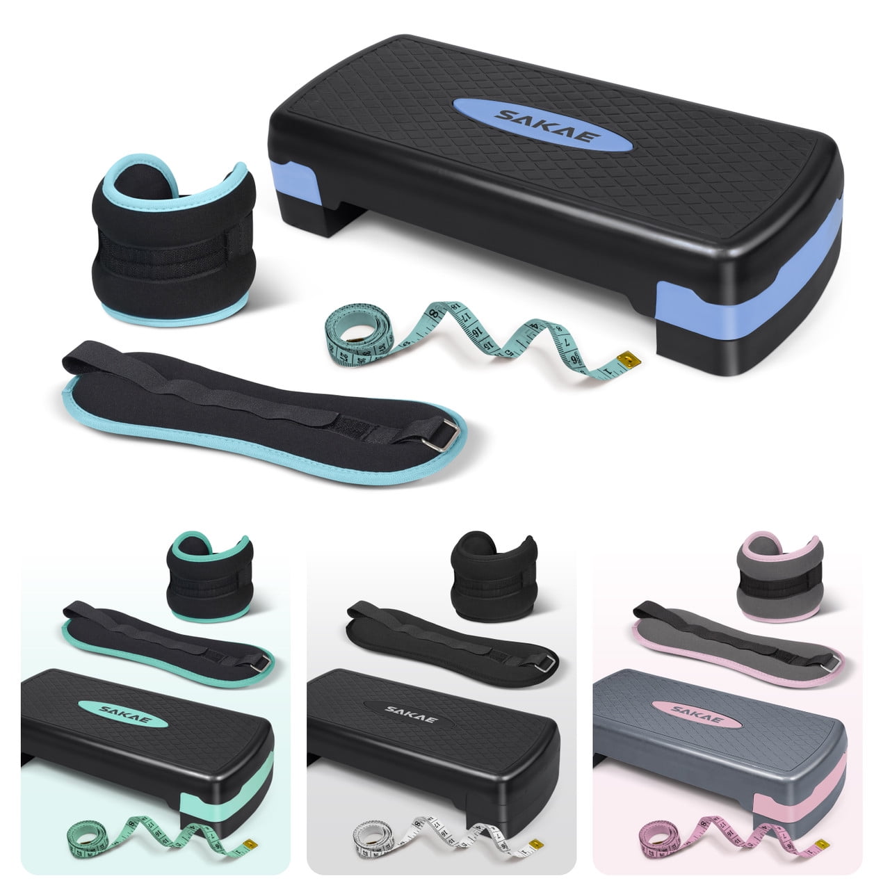 SAKAE Blue Exercise Step Platform Set with Ankle Weights & Measuring Tape, Adjustable Height 2 Level Risers Workout Step Trainer, Aerobic Steppers for Home Gym Exercise Fitness Workout
