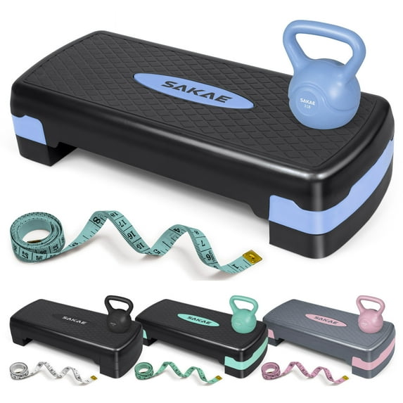 SAKAE Blue Step Aerobics Platform Set with Kettlebell & Measuring Tape, Aerobic Steppers for Exercise at Home, Adjustable Height 2 Level Risers Workout Step Trainer with Non-Slip Surface
