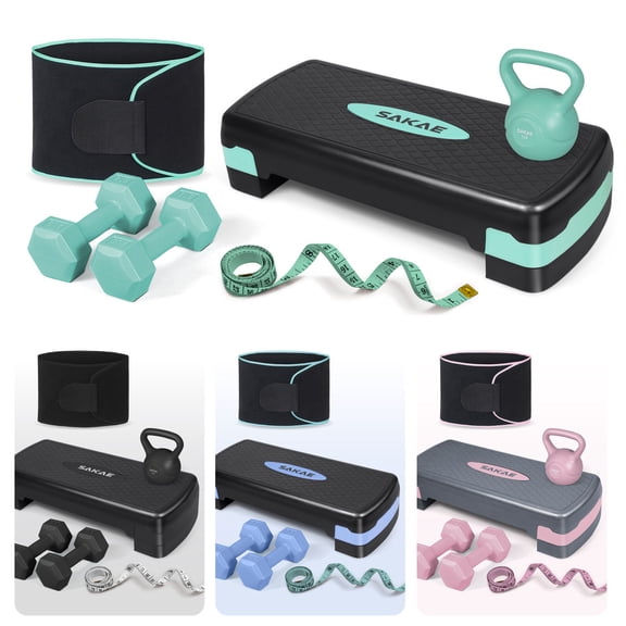 SAKAE Green Adjustable Aerobic Stepper Kit with Dumbbells & Kettlebell & Weightlifting Belt & Measuring Tape, 2 Level Risers Exercise Step Platform for Home Gym Exercise Fitness Workout, black