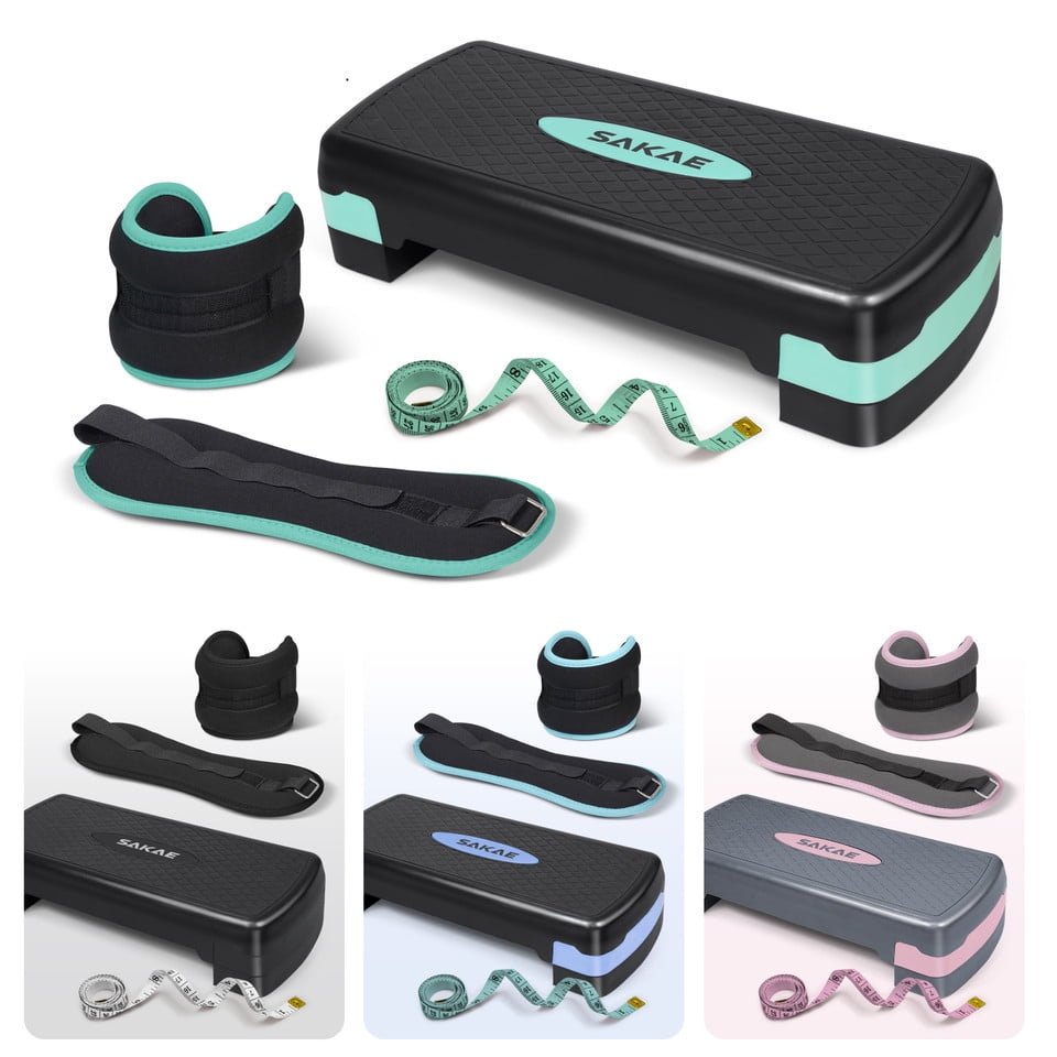 SAKAE Green Exercise Step Platform Set with Ankle Weights & Measuring Tape, Adjustable Height 2 Level Risers Workout Step Trainer, Aerobic Steppers for Home Gym Exercise Fitness Workout
