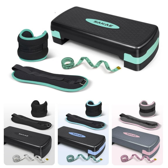 SAKAE Green Exercise Step Platform Set with Ankle Weights & Measuring Tape, Adjustable Height 2 Level Risers Workout Step Trainer, Aerobic Steppers for Home Gym Exercise Fitness Workout
