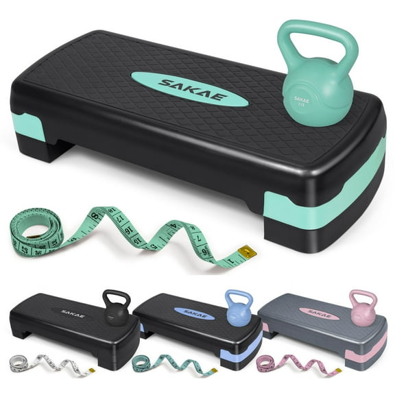 SAKAE Green Step Aerobics Platform Set with Kettlebell & Measuring Tape, Aerobic Steppers for Exercise at Home, Adjustable Height 2 Level Risers Workout Step Trainer with Non-Slip Surface