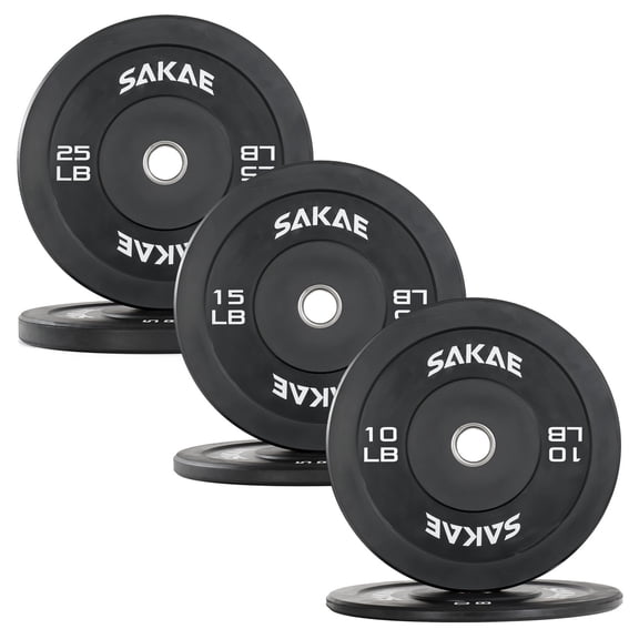 SAKAE Olympic Rubber Bumper Plates, 2-Inch Weight Plates Set with Steel Hub, Ideal for Weightlifting, CrossFit Equipment, Strength Training & Home Gym Workout, 100LB Set (10, 15 & 25LB Pairs)