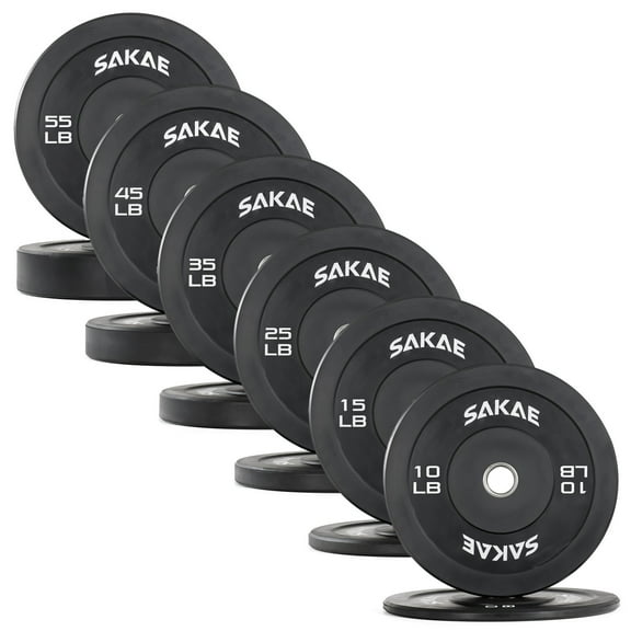 SAKAE Olympic Rubber Bumper Plates, 2-Inch Weight Plates Set with Steel Hub, Ideal for Weightlifting, CrossFit Equipment, Strength Training & Home Gym Workout, 370LB Set (10 to 55LB Pairs)