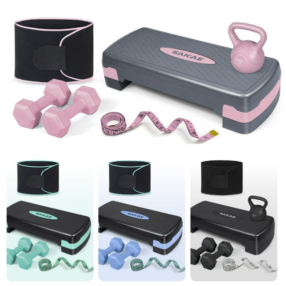 SAKAE Pink Adjustable Aerobic Stepper Kit with Dumbbells & Kettlebell & Weightlifting Belt & Measuring Tape, 2 Level Risers Exercise Step Platform for Home Gym Exercise Fitness Workout, black
