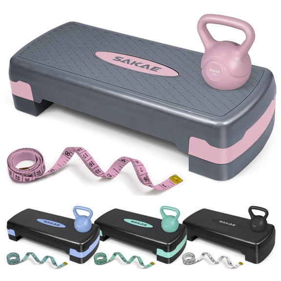 SAKAE Pink Step Aerobics Platform Set with Kettlebell & Measuring Tape, Aerobic Steppers for Exercise at Home, Adjustable Height 2 Level Risers Workout Step Trainer with Non-Slip Surface