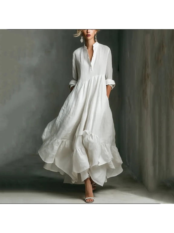 Casual Dresses for Women Long Tiered Flowy Maxi Cotton Linen Ruffle Hem Everyday Long Sleeve Young Womens A-Line Dress V-Neck,White,L
