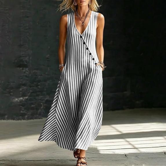 SAKMAL Womens Cotton Linen Dresses Boho Maxi Long Summer Striped V-Neck Vacation Button Tank Dress for Ladies with Pockets,Black,2XL