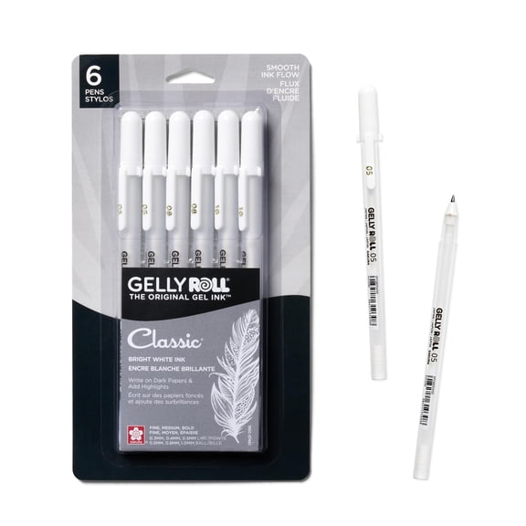 SAKURA Gelly Roll Gel Pens - Fine, Medium & Bold Tip Ink Pens for Journaling, Art, Calligraphy, or Drawing - Classic White Ink - 05/08/10 Assorted Tip Sizes - 6 Pack