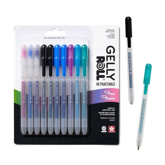 SAKURA Gelly Roll Retractable Gel Pens Colored - Sparkle Set - Medium Point Ink Pen for Journaling, Art, Calligraphy, or Drawing - Glitter, Metallic, Blue & Black Ink - 10 Pack