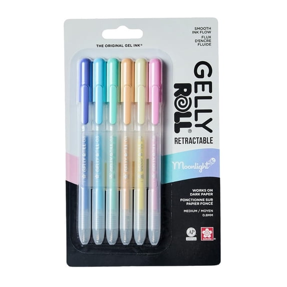 Sakura Gelly Roll Retractable Pens - Pastel Pen Set for Decorative Writing - 0.8mm Tip - Bleed-Free - Moonlight Pastels - Pastel Yellow, Orange, Pink, Green, Sky Blue & Periwinkle - 6 Count