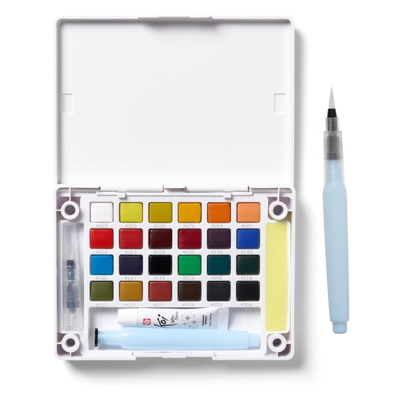Sakura Koi Pocket Field Sketch Kit - Watercolor Sets for Painting On the Go - 24 Colors + Iridescent Medium 5 mL Tube - 1 Water Brush - 1 Sponge - 1 Palette