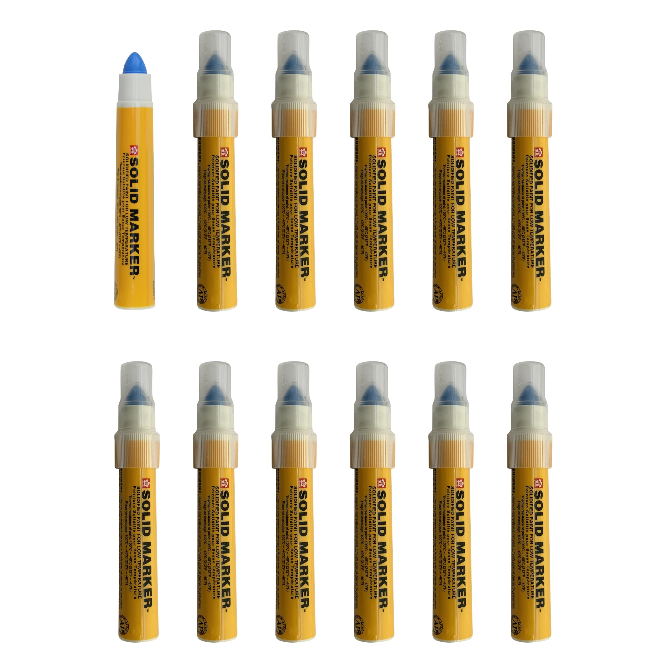 Sakura Mini Solid Paint Markers with Push Up Tip - Low Temperature Permanent Marker Pens - Window, Wood, & Glass Marker - 10 mm Tip - Blue Paint - 12 Pack