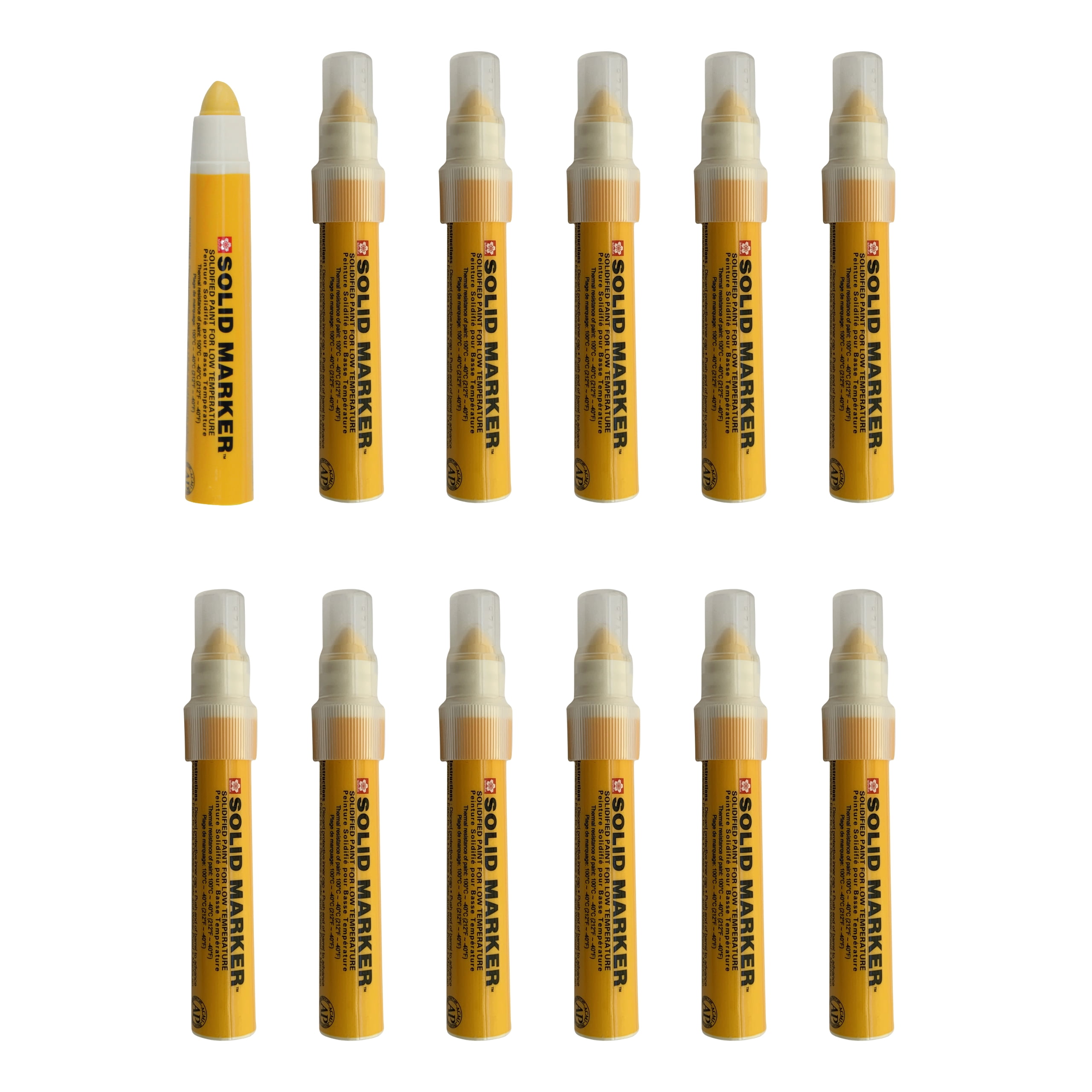 Sakura Mini Solid Paint Markers with Push Up Tip - Low Temperature Permanent Marker Pens - Window, Wood, & Glass Marker - 10 mm Tip - Yellow Paint - 12 Pack