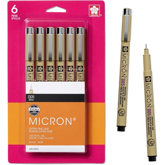 SAKURA Pigma Micron Fineliner Pens - Archival Black Ink 005 Point Size,