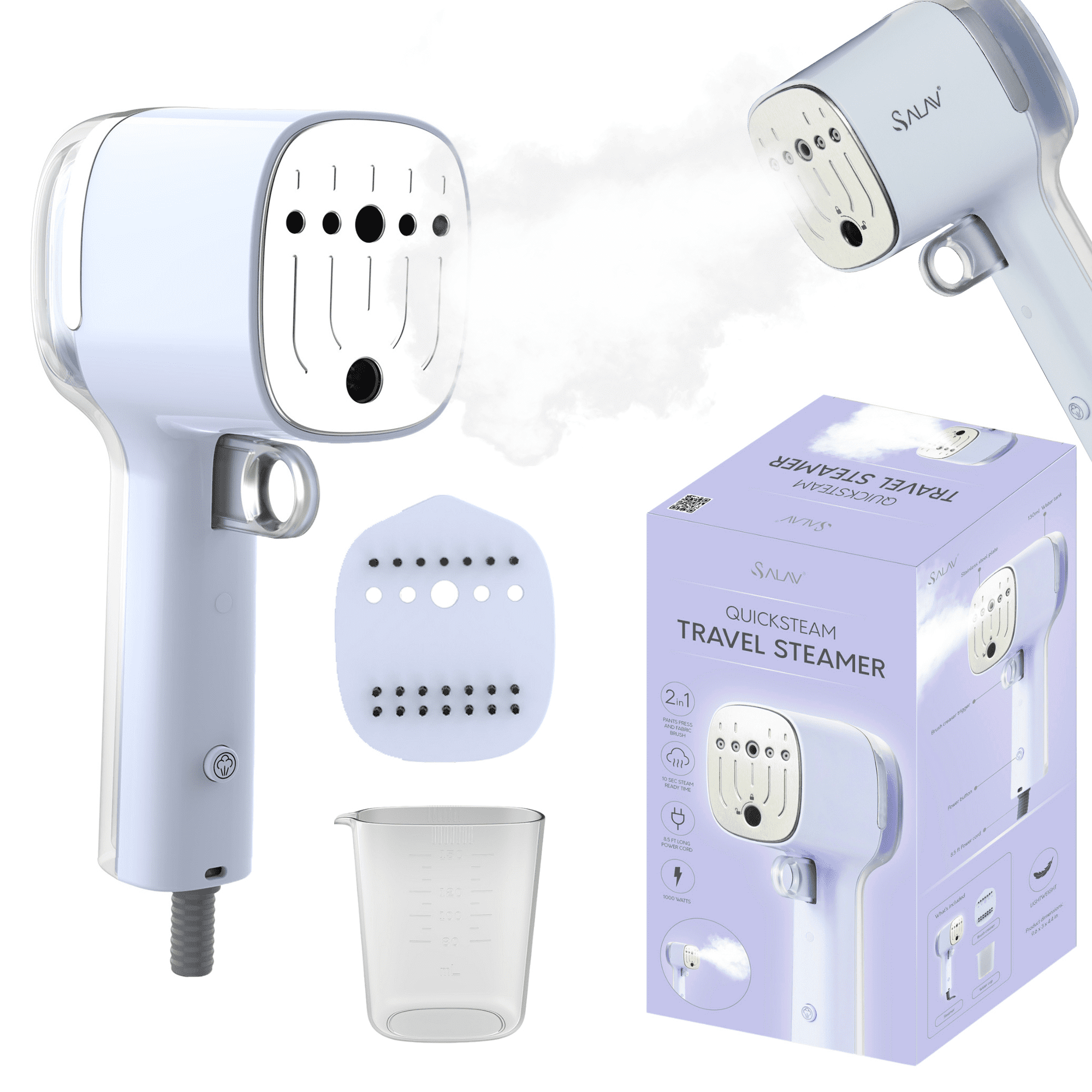 SALAV® Quicksteam Travel Garment Steamer with 10-Second Heating Time and Brush Creaser Attachment in Peri