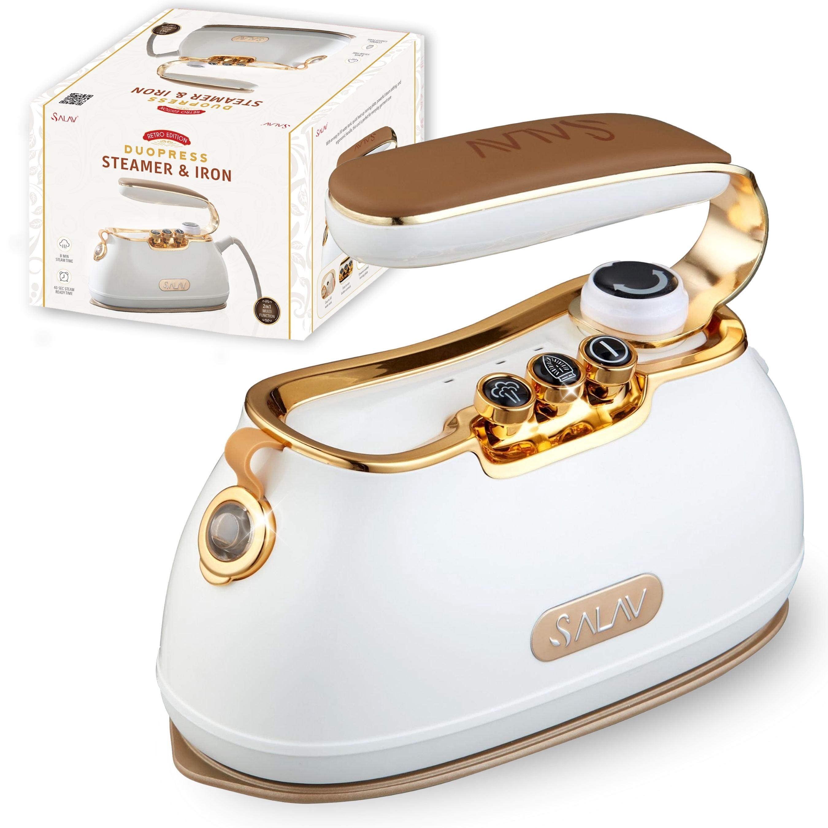 SALAV® Retro Edition Duopress Steamer and Iron with Ceramic Coated Plate, Pearl