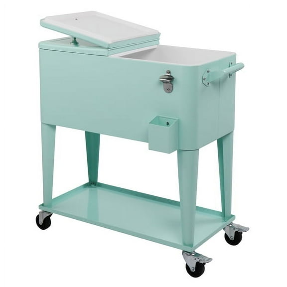SALE CLEARANCE 80qt Outdoor Steel Rolling Cooler Cart for Cookouts, Tailgating, BBQ w/Bottle Opener, Catch Tray, Drain Plug, and Locking Wheels - Green