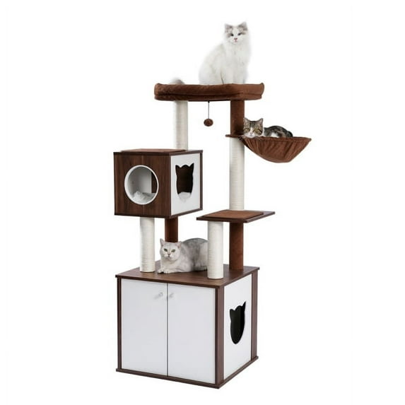 SALE CLEARANCE All-in-One Multi-Functional Cat Tree Modern Wood Cat Tower with Cat Washroom Litter Box House, Cat Condo, Top Perch, Large Hammock and Scratching Post Brown