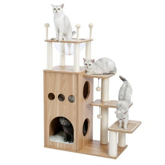 SALE CLEARANCE Modern Wooden Cat Tree Multi-Level Cat Tower With Fully Sisal Covering Scratching Posts, Deluxe Condos And Large Space Capsule Nest