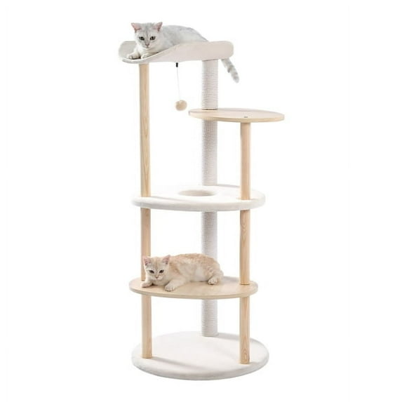 SALE CLEARANCE Multi-Level Cat Tree Modern Cat Tower Wooden Activity Center with Scratching Posts Beige