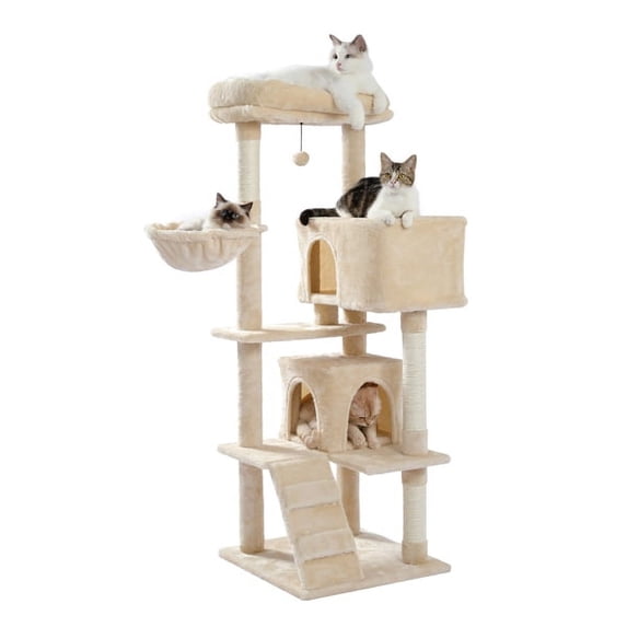 SALE CLEARANCE Multi-functional Cat Tree Tower with Sisal Scratching Post, 2 Cozy Condos, Top Perch, Hammock, Climbing ladder and Dangling Ball Beige