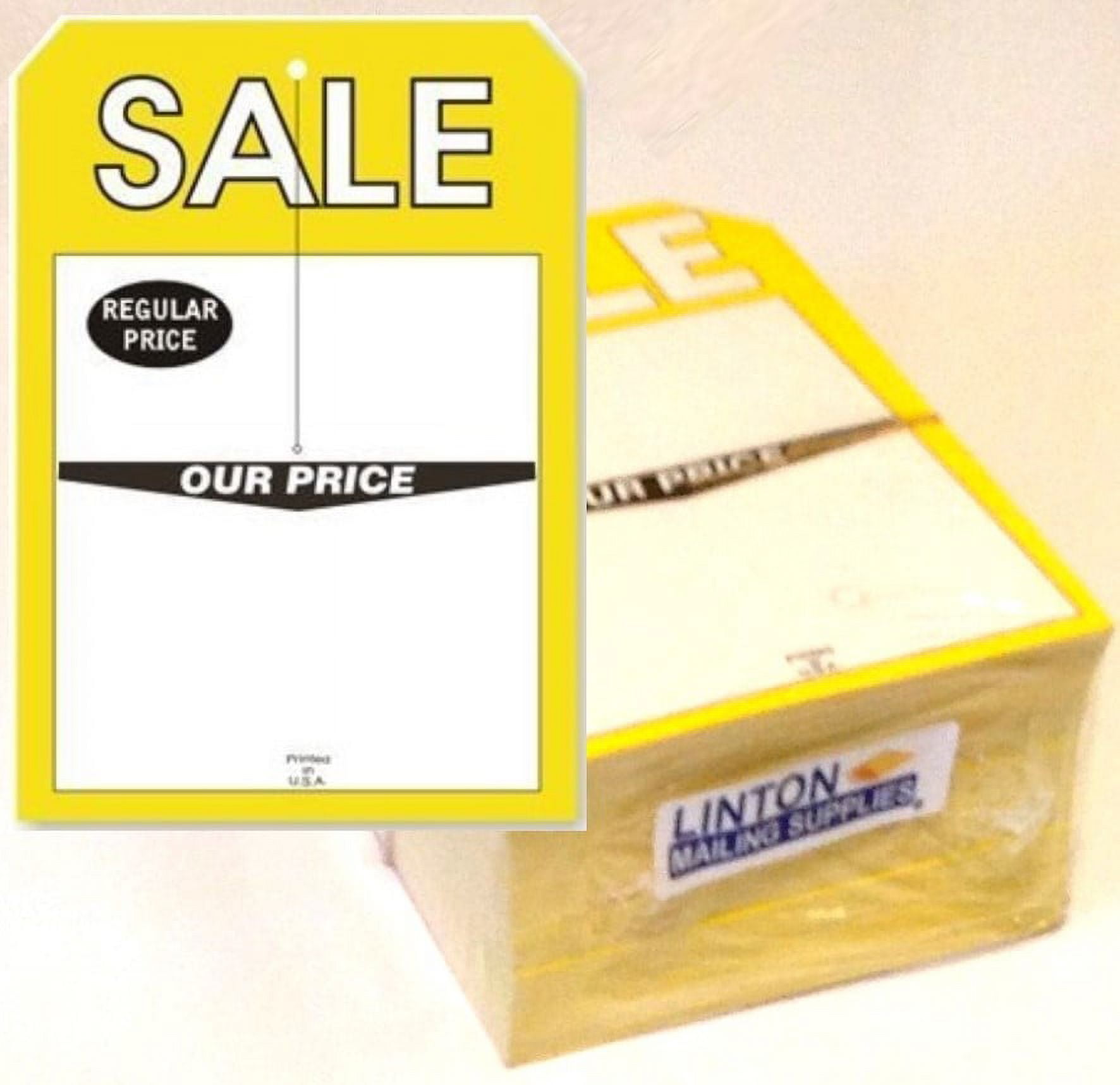 "SALE - REGULAR PRICE - OUR PRICE" Large Merchandise Tag w 3.25" Slit, 5" x 7" Cardstock 12 Pt., Yellow and Black on White, 2 Clip Corners - Pack of 250 Tags