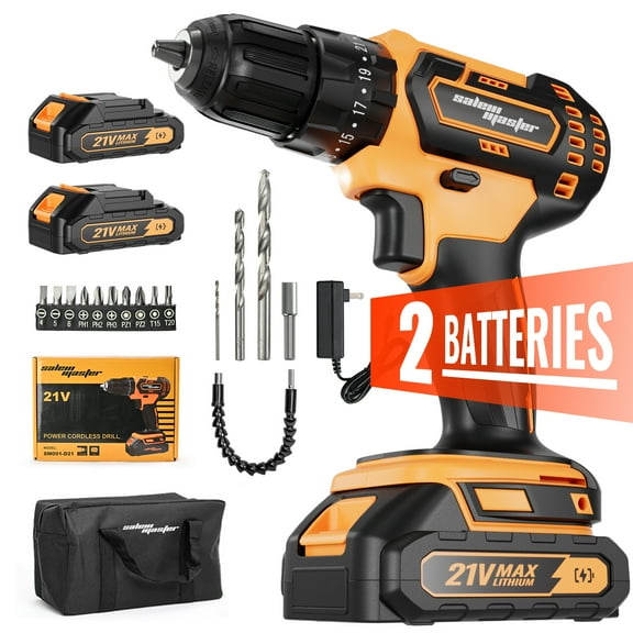 SALEM MASTER 21V 3/8'' Cordless Power Drill for Wall/Brick/Wood/Metal 2 Batteries