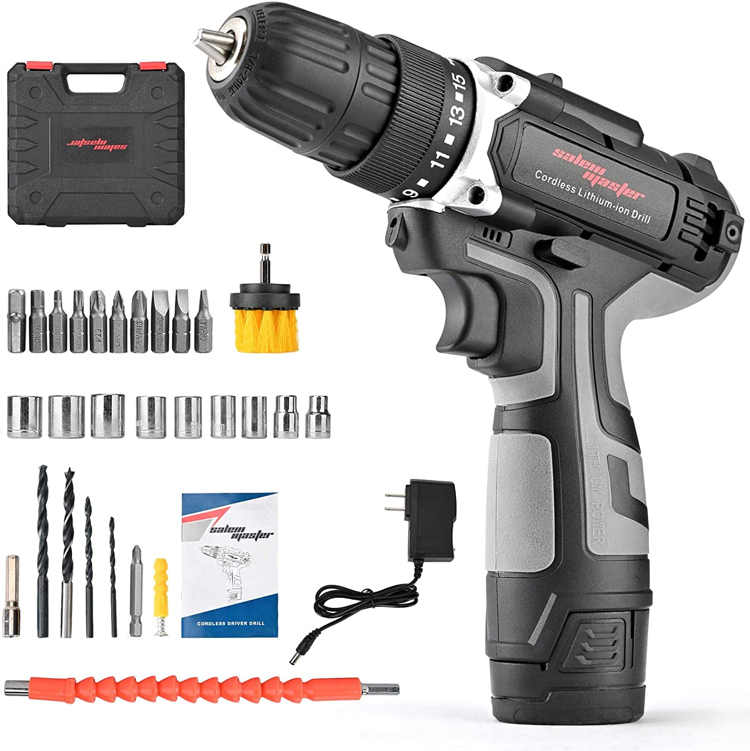 SALEM MASTER Cordless Power Drill, 12V Power Drill 30Nm, 3/8 Keyless Chuck, 18+1 Clutch, 2 Speeds, 27 Pcs Bit, Built-in LED light, Compact Electric Screw Driver for Home Improvement & DIY Project