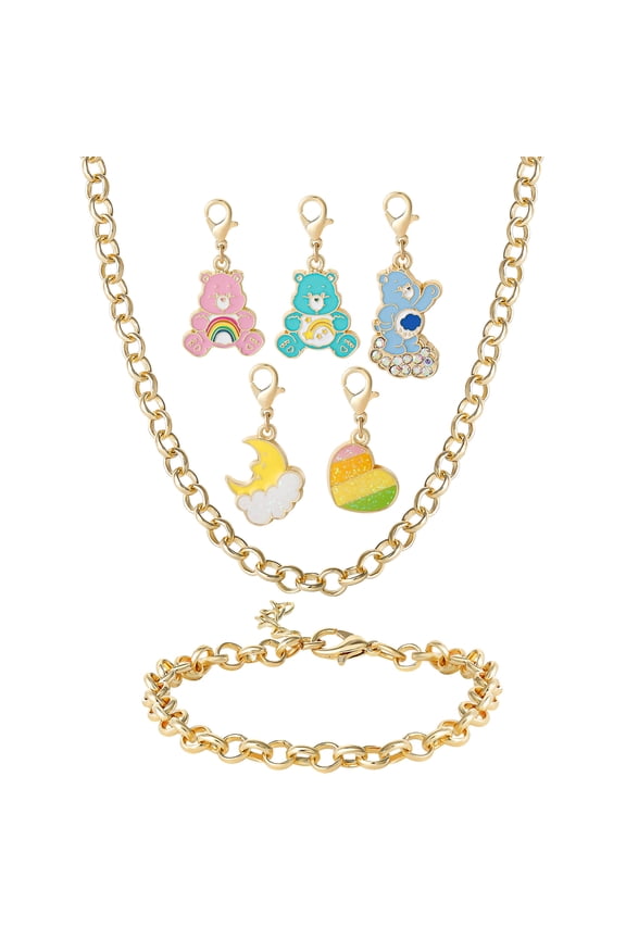 SALLY ROSE Care Bears Jewelry Set Official License, Fashion Charm Bracelet and Necklace with 5 Interchangeable Care Bears Charms
