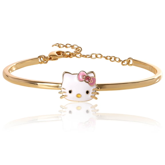 SALLY ROSE Hello Kitty Bangle Bracelet for Women Official License, 18k Gold Flash-Plated Hello Kitty Pendant Bracelet with Pink Crystal