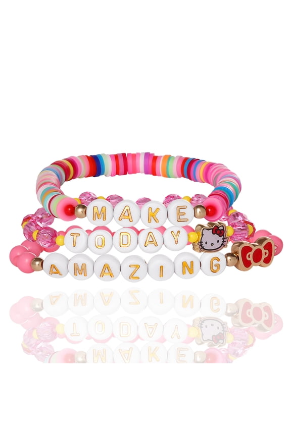 SALLY ROSE Hello Kitty Bracelet Make Today Amazing 3-Piece Set Official License, Fashion Jewelry Beaded Sanrio Bracelets Set of 3