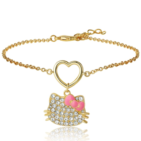 SALLY ROSE Hello Kitty Pave Crystal Charm Bracelet for Women, 6.75"+1" 18k Gold Flash-Plated Official License Hello Kitty Bracelet