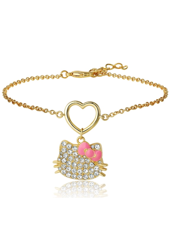 SALLY ROSE Hello Kitty Pave Crystal Charm Bracelet for Women, 6.75"+1" 18k Gold Flash-Plated Official License Hello Kitty Bracelet
