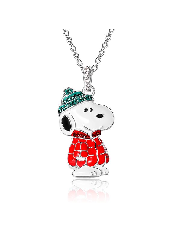 SALLY ROSE Peanuts Snoopy Pendant Necklace with Crystals, 16"+2" Silver Flash-Plated Snoopy Necklace for Women Official License