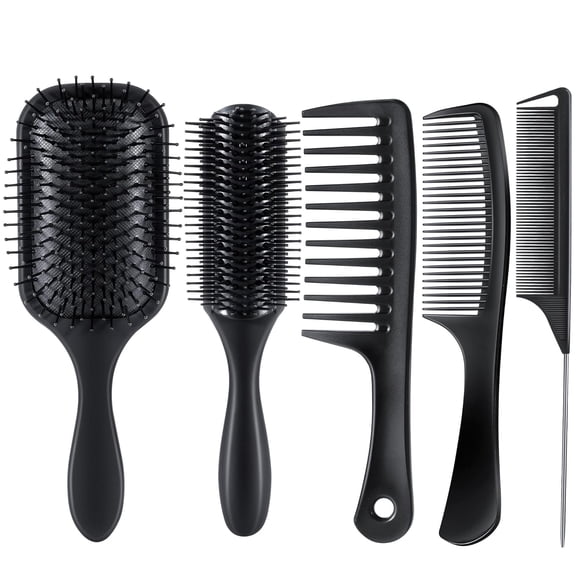 SALONSILK 5PCS Hair Brush Comb Set, Women Men Paddle Styling Hair Brushes Wide Fine Tooth Combs, Rat Tail Parting Barber Professional Set for Detangling, Thick, Natural, Thin, Curly