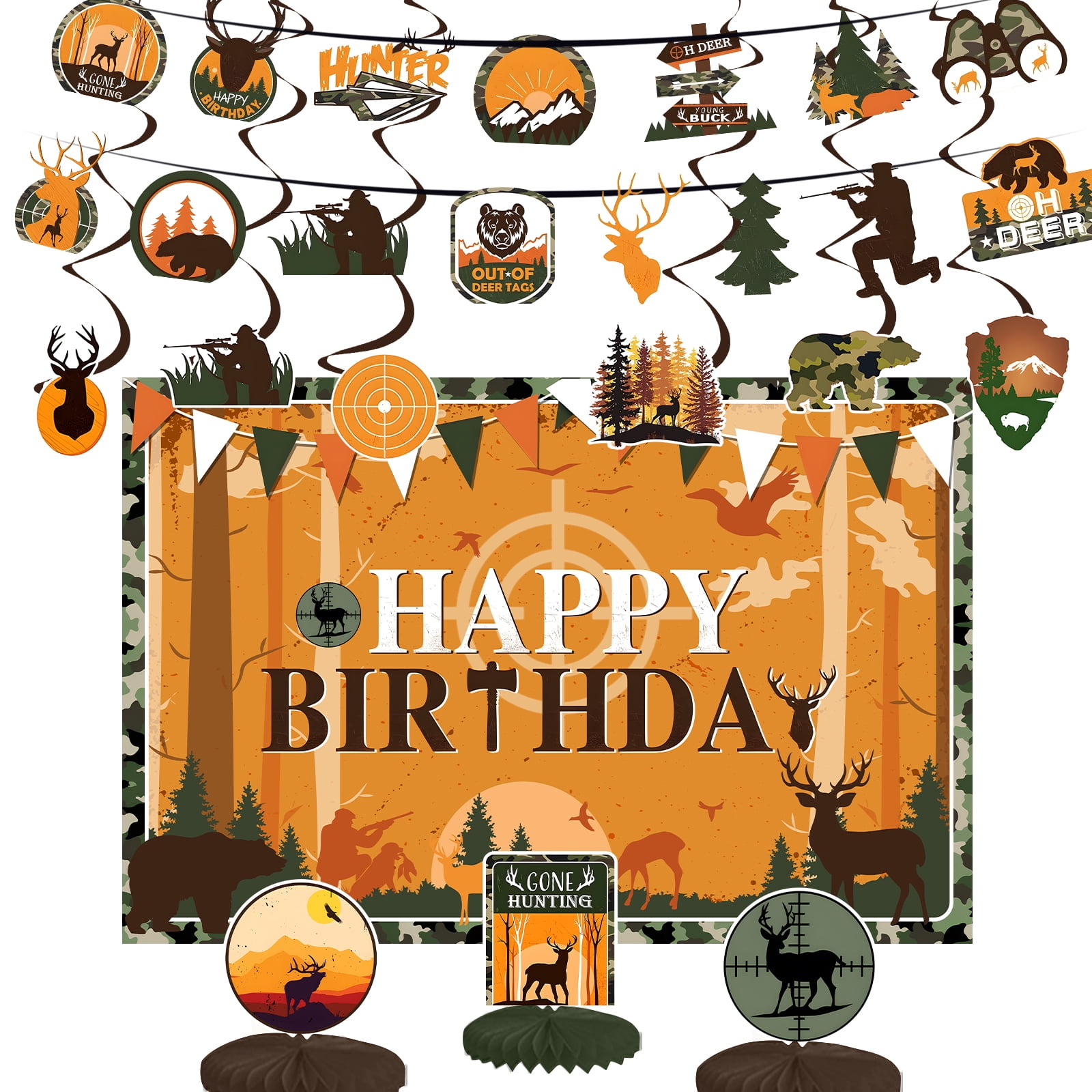 SALQGBUW Hunting Party Decor Set - Camo Banner, Woodland Backdrop & Game Decor