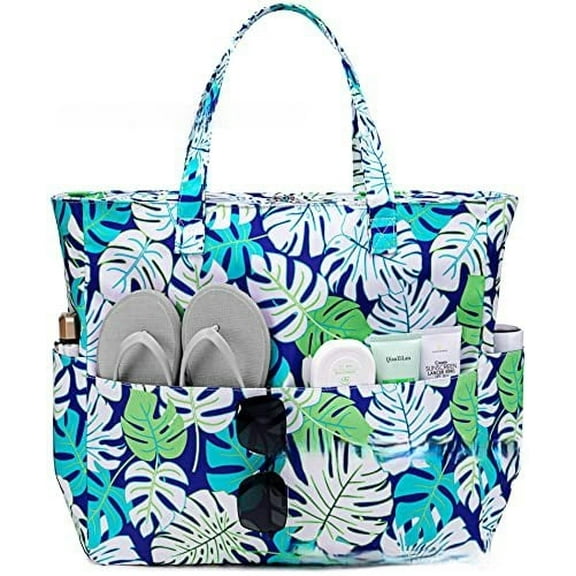 SALQGBUW Large Beach Tote Bag Women Waterproof Sandproof Zipper Beach Tote Bag for Pool Gym Grocery Travel with Wet Pocket