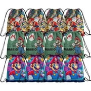 SALQGBUW Super Mario 12 Pack Drawstring Candy Bags – Fun Cartoon Party Favor Bags for Birthday, Celebrations, Gift Giving, and Everyday Surprises(10.6 x 13.3 Inch)