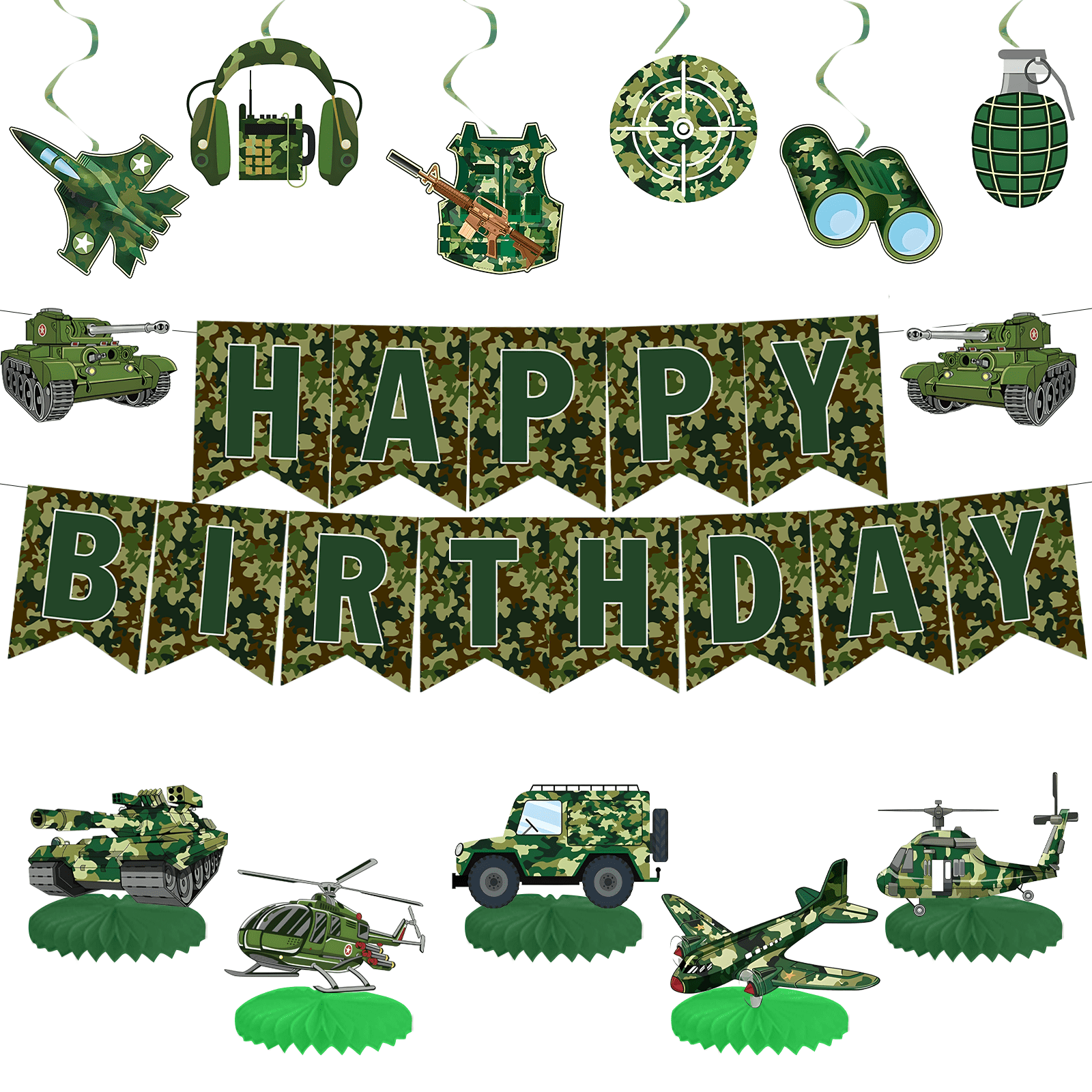 SALQGBUW Tactical Birthday Banner Set - Military Camo Bunting Flags, Army Helix Streamers & Combat Honeycomb Balls for Party Decor
