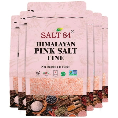 SALT 84 Himalayan Pink Salt, Fine Grain, 6 lbs Total, 100% Pure and Natural, Kosher and Vegan, 1 lb Each (Pack of 6)
